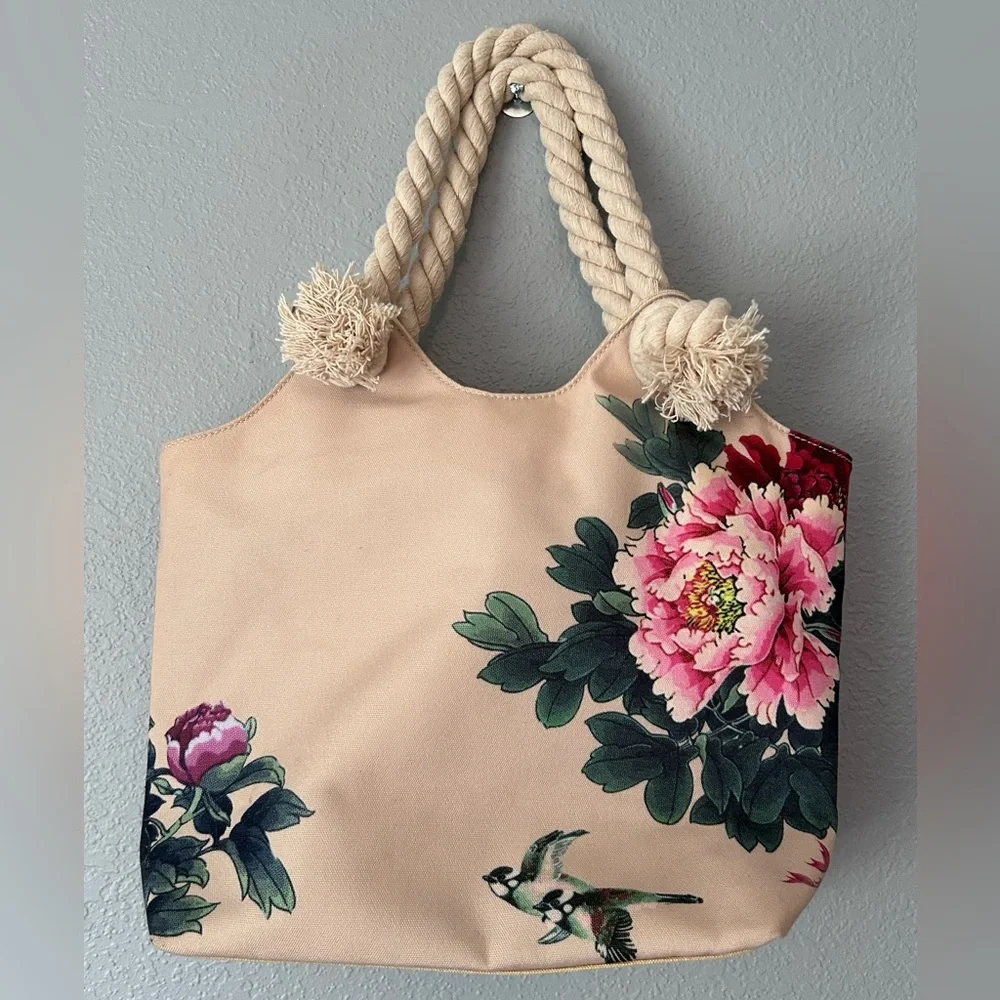 To Go Go Women’s Canvas Bag Rope Handles Flowers and Birds Purse Beach Travel